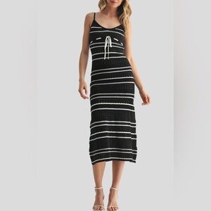 All In Favor Black and White Striped Mixed Stitch Midi Sweater Dress